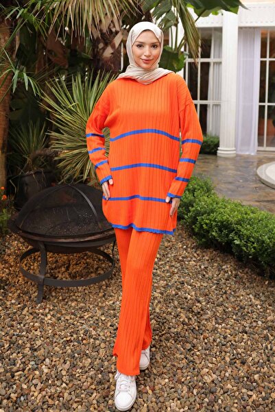 İmajButik Πορτοκαλί ριγέ πλεκτό παντελόνι τουνίκ Σετ δύο τεμαχίων