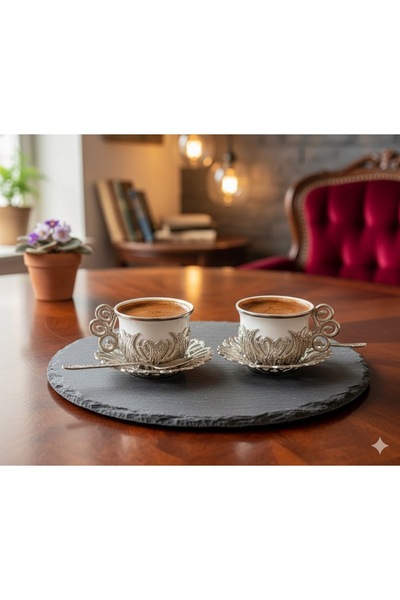 AcarHediyelik İki kişilik Türk kahvesi takımı , 2 gümüş kaplama porselen fincan, gümüş