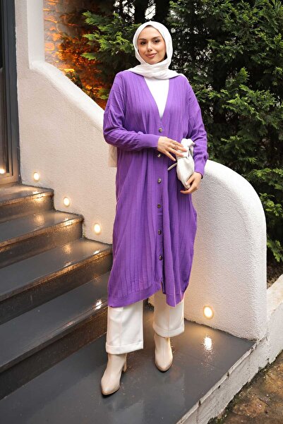 İmajButik سترة صوفية طويلة مرسيريزد بأزرار أرجوانية