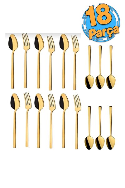 ZUZU MADE 6 Kişilik 18 Parça Lüks Parlak Gold Çay Kaşığı Tatlı Kaşık ve Tatlı...