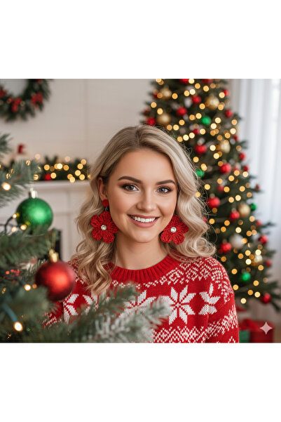 BAGS Yılbaşına Özel Hediyelik Dennis'm Handmade Taşlı Kırmızı Papatya Küpe