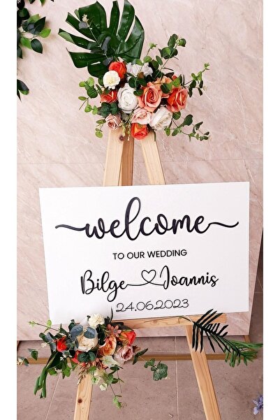 Seyyar Atölye Kişiye Özel Ahşap Mdf Welcome to Our Wedding Yazılı Beyaz Zemin...