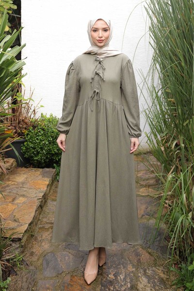 İmajButik Φόρεμα με ελαστικό γιακά με χακί μανίκια