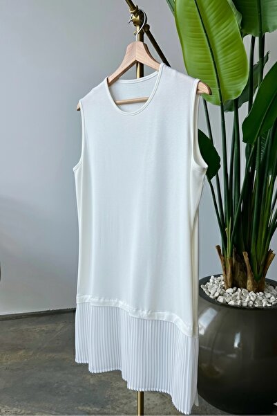 İmajButik Ekru Sıfır Kol Etek Ucu Piliseli Tunik İçlik