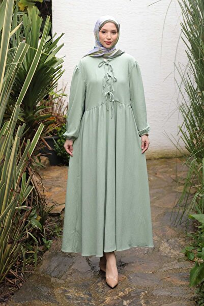 İmajButik Φόρεμα με πράσινο μανίκι με ελαστικό γιακά με γραβάτα