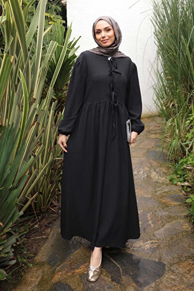 İmajButik Φόρεμα με μαύρο μανίκι με ελαστικό γιακά με δέσιμο