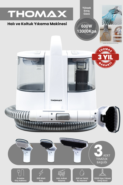 THOMAX Koltuk Halı Yıkama Ve Leke Çıkartma Makinesi 1500 Ml Temiz 850 Ml Kirli Su Haznesi 600W Güç