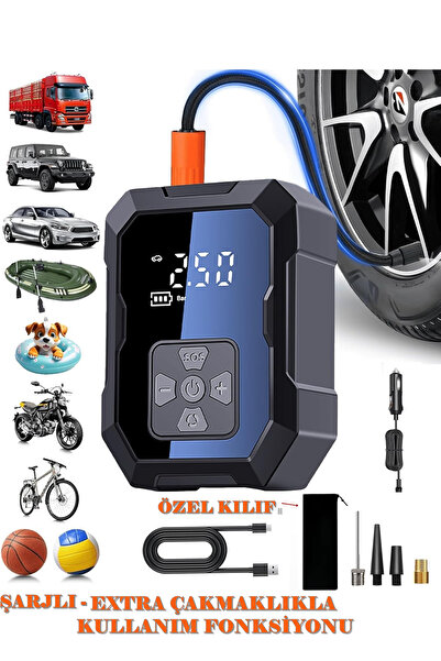Raiden H-9293 Akıllı Hava Kompresörü 4000mAh 4IN1 Şarjlı Araç Çakmaklık Taşınabilir Araç Lastik Top Şişirme