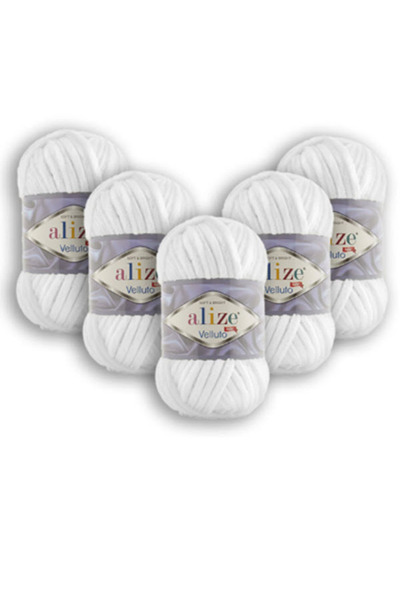 Alize ( 5 Adet ) Velluto Kadife El Örgü Ipi 5'li Paket (5X100 GR) 55 Beyaz 100 gr 68 Metre