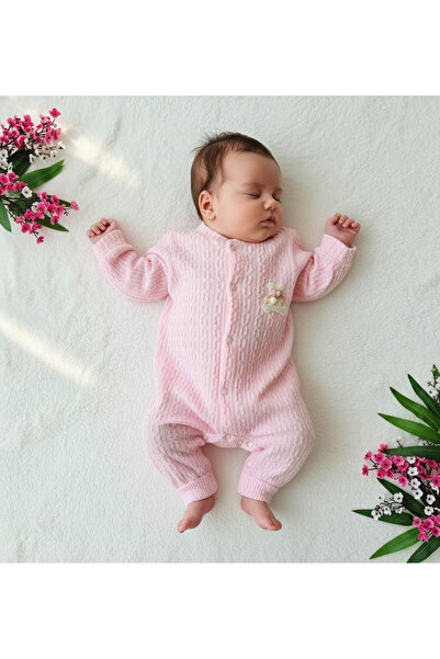 minço bebe Yenidoğan Örme Ayı Baskılı Çıtçıtlı Kız Bebek Patiksiz Tulum %100 ...