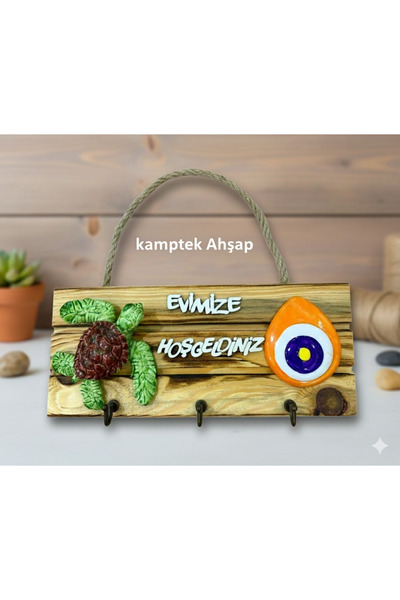 kamptek kamp teknolojisi KampTek Ahşap Kapı Duvar Süsü Askı İpli  Anahtarlık Tasarım Kaplumbağa Nazar Boncuğu Görselli
