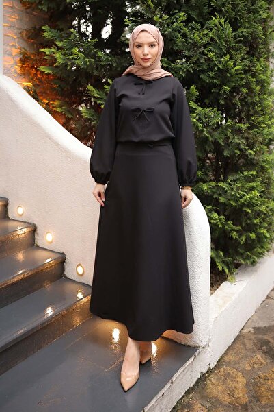 İmajButik طقم تنورة بلوزة كريب بفيونكة أمامية سوداء