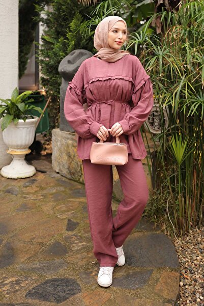 İmajButik Σετ Modal με Dusty Rose Waistband Παντελόνι με κορδόνι