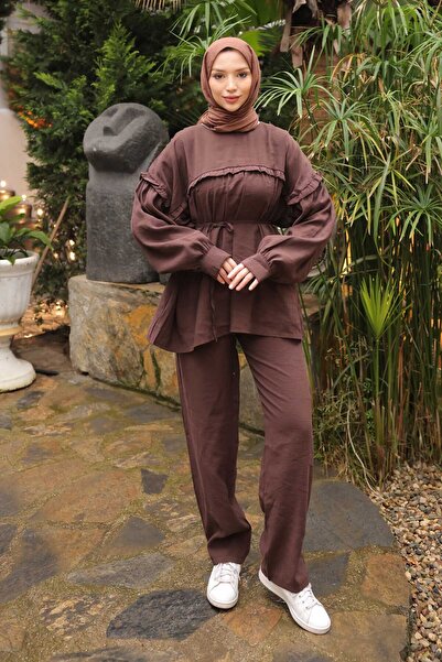 İmajButik Σετ Modal με καφέ παντελόνι με κορδόνι μέσης