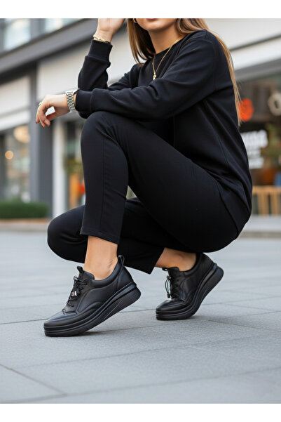 RaySones حذاء نسائي من الجلد الأصلي باللون الأسود برباط حذاء يومي من الجلد ال...