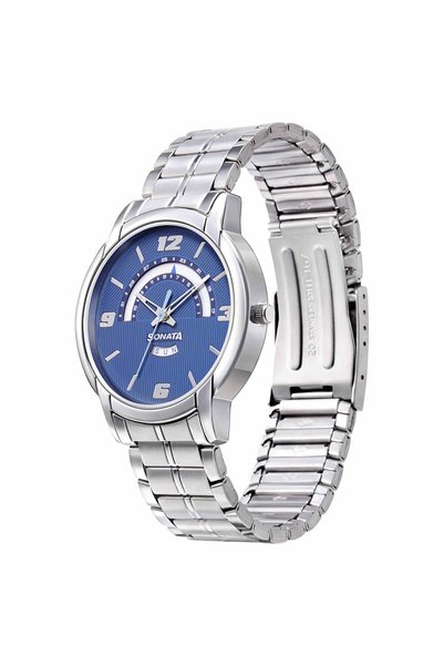 SONATA RPM Quartz Analog with Day and Date Blue Dial Metal Strap Watch for Men
