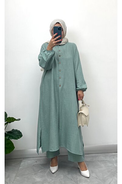 NİSUM MODA بدلة كتان بمظهر نصف زر