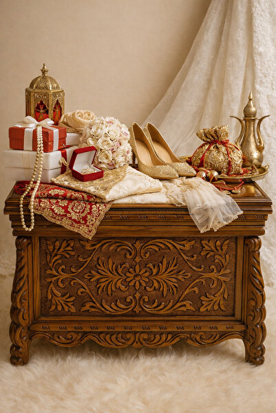 ŞIK VE MUTLU Ceviz El Oyması Kare Çeyiz Sandığı