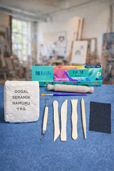 DSH Doğal Seramik Hamuru Seramik Hamuru Başlangıç Seti 9 -guaj Boya, Ebeşuar, Merdane, Fırça, 1000gr Beyaz Doğal Kil, Zımpara