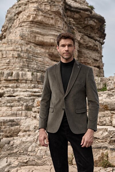 PR PACO ROMANO ART OF FASHİON Erkek Slim Fit Mono Yaka Kadife Yeşil Ceket