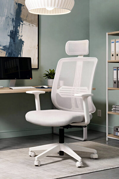 SandalyeDeposu Tokyo Beyaz İskeletli Başlıklı Müdür Ve Ofis Koltuğu (Açık Gri...