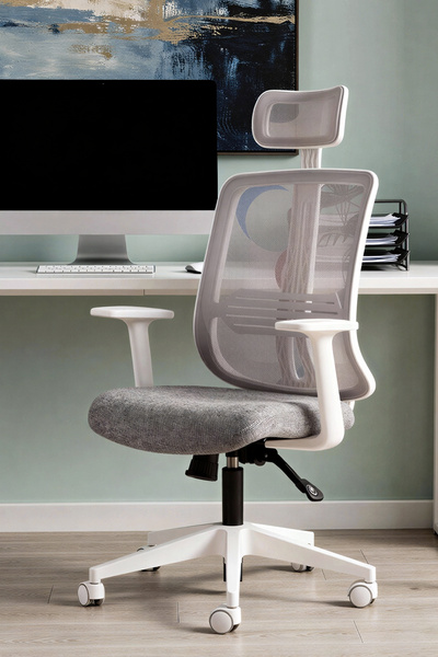 SandalyeDeposu Tokyo Beyaz Ayaklı Sabit Kollu Müdür Ve Ofis Koltuğu (Açık Gri...
