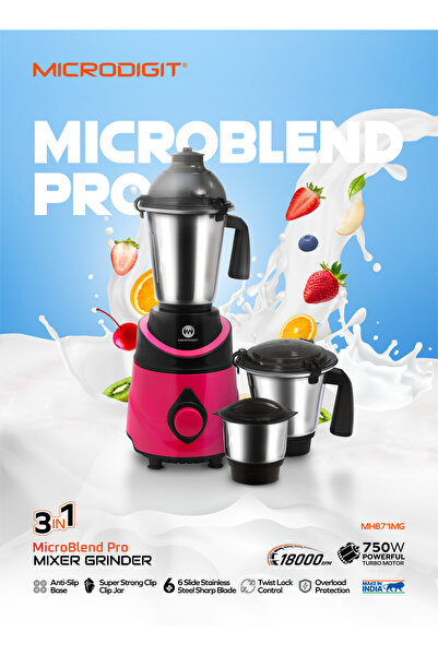 Microdigit خلاط ومطحنة وعصارة 3 في 1، صنع في الهند، سعة 1.5 لتر، 750 واط، موديل MH871MG، أسود/وردي