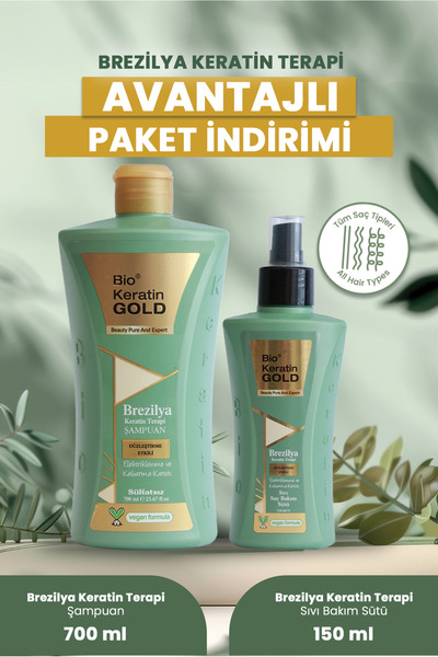 Bio Keratin Gold Brezilya Keratin Terapisi 2'li Set Tuzsuz Şampuan 700 ml Saç Bakım Sütü 150 ml