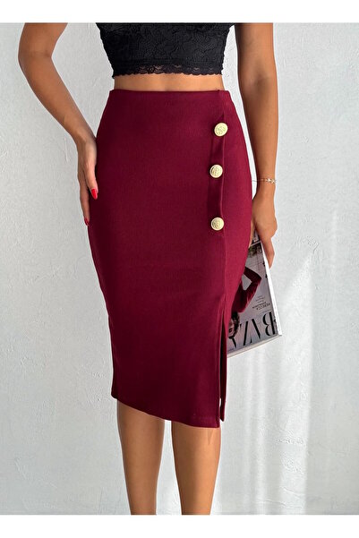 YUSUF CAN KARATAŞ KARATAŞ GİYİM Fusta midi cu nervuri de culoare burgundă din...