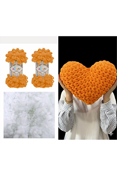 Alize 2 perne cu inimă umflată - 336 portocaliu și 200 gr. Set de fibre de mă...