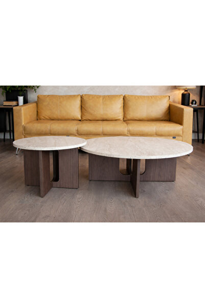 Mimore Modern 2’li Oval Orta Sehpa Seti – Traverten ve Ceviz Görünümlü MDF, M...