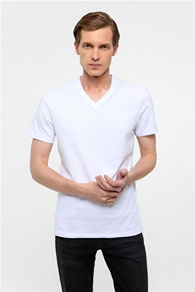 SÜVARİ Beyaz Slim Düz V Yaka Tişört