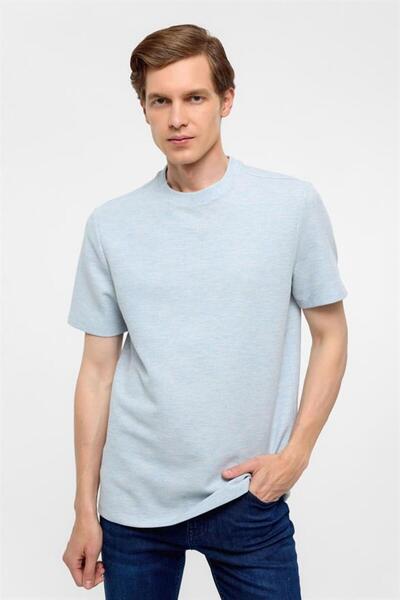 SÜVARİ Mavi Regular Armürlü Bisiklet Yaka Tişört