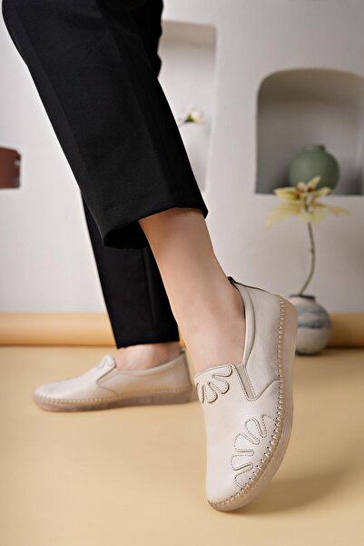 Nesil Shoes Syg P74 Крем Натуральна шкіра Прозора підошва Жіноче взуття