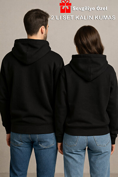 NEVERMIND Sevgili Çift Kombin Hoodie 2’li Set - LOVE Pati Baskılı Unisex Oversize Kapüşonlu Siyah