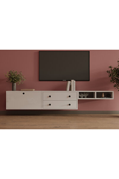 Nettrends Mimar Tasarım Duvara Monte TV Ünitesi 2 Çekmece 1 Kapaklı Lüks Medy...