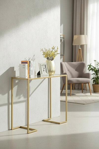 TOLIAHOME Modern Gold Renk Şeffaf Temper Camlı Petek Üstü Dresuar Metal Konsol