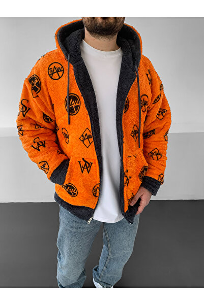 Saw Turuncu Çift Taraflı Kalın Peluş Mont