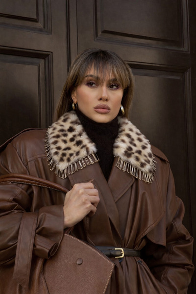 GZ Design Kahverengi Benekli Püskül Detay Kürk Yaka