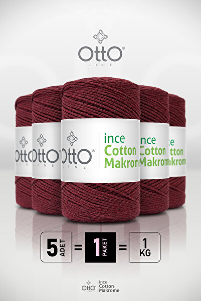 Otto خيط مكرامية قطني رفيع - أحمر داكن - عبوة من 5 قطع - 2 مم/200 جرام/170 مت...
