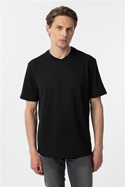 SÜVARİ Siyah Slim Armürlü Bisiklet Yaka Tişört