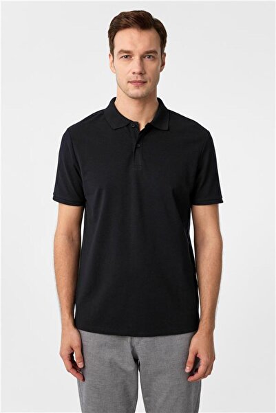 SÜVARİ Siyah Regular Armürlü Polo Yaka Tişört