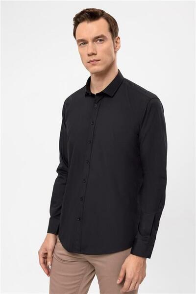 SÜVARİ Siyah Slim Düz Klasik Yaka Gömlek