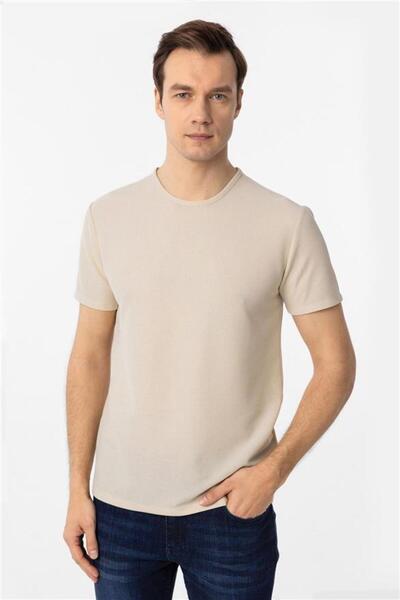 SÜVARİ Bej Slim Armürlü Bisiklet Yaka Tişört