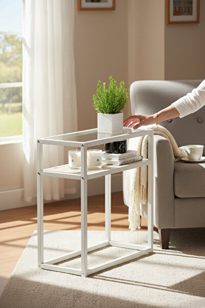 TOLIAHOME Metal İskeletli Endülüs-Beyaz Renk Şeffaf Temper Camlı 2 Katlı Yan ...