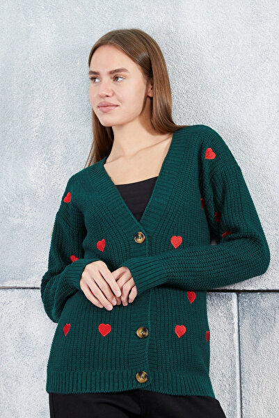 LUGMO سترة نسائية تريكو على شكل قلب مقاس قياسي أخضر زمردي