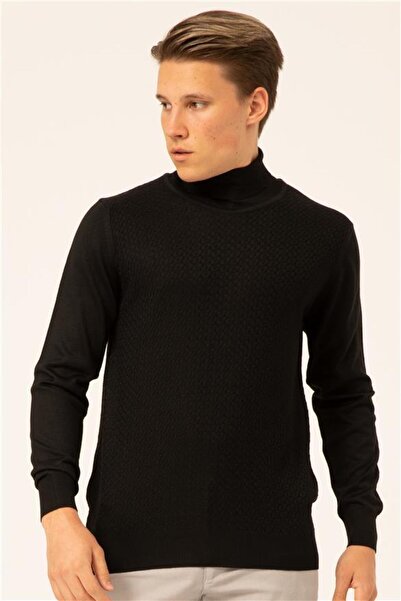 SÜVARİ Desenli Balıkçı Yaka Siyah Erkek Triko Kazak