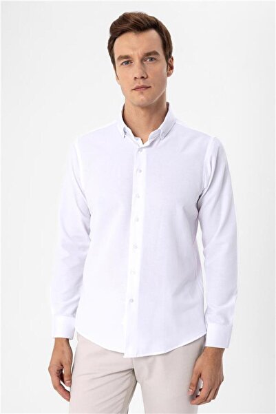 SÜVARİ Beyaz Slim Düz Düğmeli Yaka Gömlek
