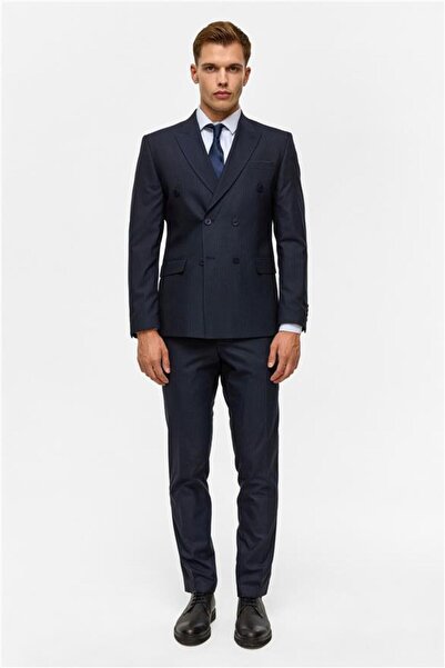 SÜVARİ Lacivert Slim Çizgili Kruvaze Yaka 6 Drop Takım Elbise