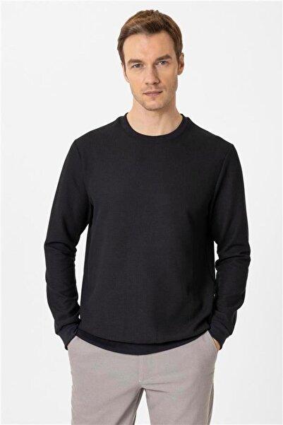 SÜVARİ Siyah Regular Armürlü Bisiklet Yaka Triko